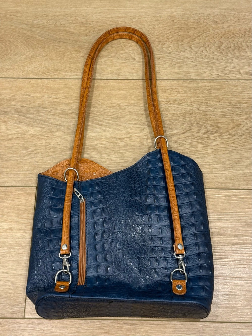 Italian Genuine Leather Croc Embossed Tote Bag Blue Cognac Shoulder Purse - Picture 5 of 12